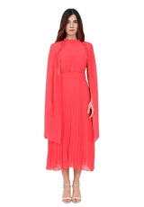Women's Coral Midi Dress with Halter Neck and Pleated Soft Skirt, Coral, 12