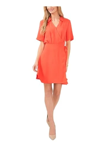 Womens Coral Pleated Lined Elastic Tie Waist Short Sleeve Collared Above The Knee Wrap Dress XS