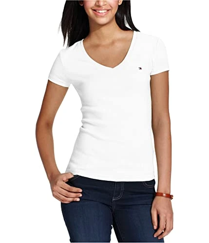 Women's Core V-neck Flag Tee - Solid T Shirt, White, S UK