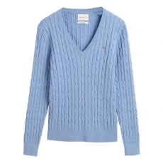 Womens Cotton Cable V Neck Clear Sweater Clear Sky S