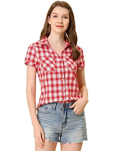 Women's Cotton Classic Button Down Western Plaid Shirt, Red White, L