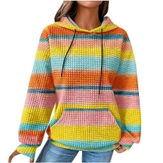 Women's Cotton Hoodie Causal Long Sleeve Hoodie Autumn Winter Warm Pullover Vintage Colourful Print Sweatshirt with Hood Jumper Tops Fashion Waffle Hoodie with Pockets Outwear, yellow, M