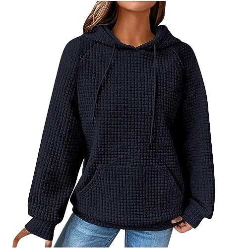 Women's Cotton Hoodie Causal Long Sleeve Hoodie Autumn Winter Warm Pullover Vintage Colourful Print Sweatshirt with Hood Jumper Tops Fashion Waffle Hoodie with Pockets Outwear, Z09-marine, XL