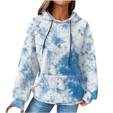 Women's Cotton Hoodie Causal Long Sleeve Hoodie Autumn Winter Warm Pullover Vintage Colourful Print Sweatshirt with Hood Jumper Tops Fashion Waffle Hoodie with Pockets Outwear, Z15-sky blue,