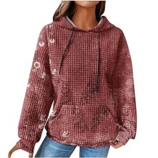 Women's Cotton Hoodie Causal Long Sleeve Hoodie Autumn Winter Warm Pullover Vintage Colourful Print Sweatshirt with Hood Jumper Tops Fashion Waffle Hoodie with Pockets Outwear, Z23 wine, XXL