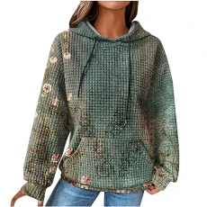 Women's Cotton Hoodie Causal Long Sleeve Hoodie Autumn Winter Warm Pullover Vintage Colourful Print Sweatshirt with Hood Jumper Tops Fashion Waffle Hoodie with Pockets Outwear, Z19-Army Green,