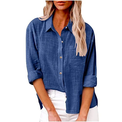 Womens Cotton Linen Button Down Shirt 2023 Casual Long Sleeve Solid Color Shirts Loose Work Tops wit