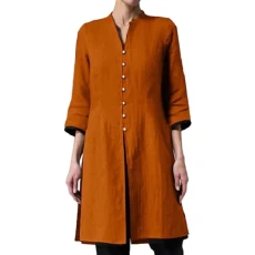 Women's Cotton Linen Medium Long Slim Slim Waist Slim Sleeve Cardigan Shirt Line Shirt Women (Brown, XXXL)