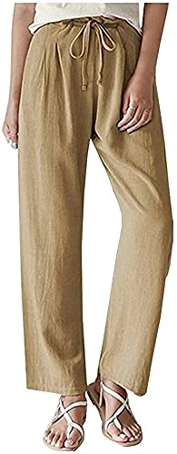Women's Cotton Linen Summer Pants Elastic Waist Drawstring Straight Trousers with Pockets (22, Khaki, Numeric_22)