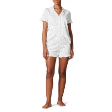 Women's Cotton Modal Piped Notch Collar Pyjama Set (Available in Plus Size), White Dots Print, M