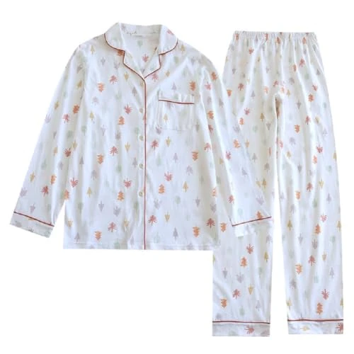 Women's Cotton Pajama Set Long Sleeve Tops with Long Pants Set PJs Loungewear White