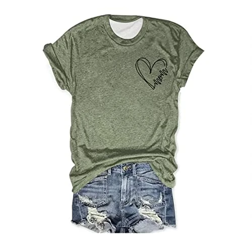 Women's Cotton Short Sleeve Solid Crew Neck Printed Short Sleeve Cotton Comfortable Pullover Short Top Women's Casual Tops with Print Motif, Green, Large