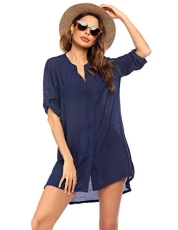 Women's Cover Up Shirt V-Neck Swimsuit Beach Bikini Beachwear Button Down Bathing Suit, Navy Blue, S Women's Cover Up Shirt V-Neck Swimsuit Beach Bikini Beachwear Button Down Bathing Suit, Navy Blue, S