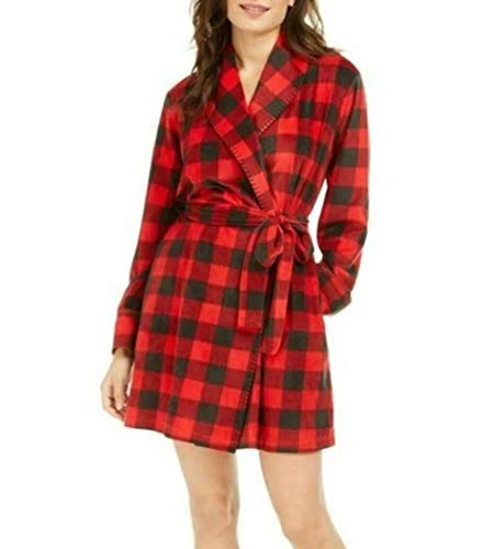 Women's Cozy Short Fleece Wrap Robe Lumber Jack Check L