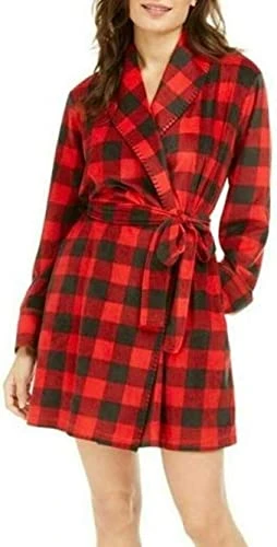 Women's Cozy Short Fleece Wrap Robe, Lumber Jack Check, Medium