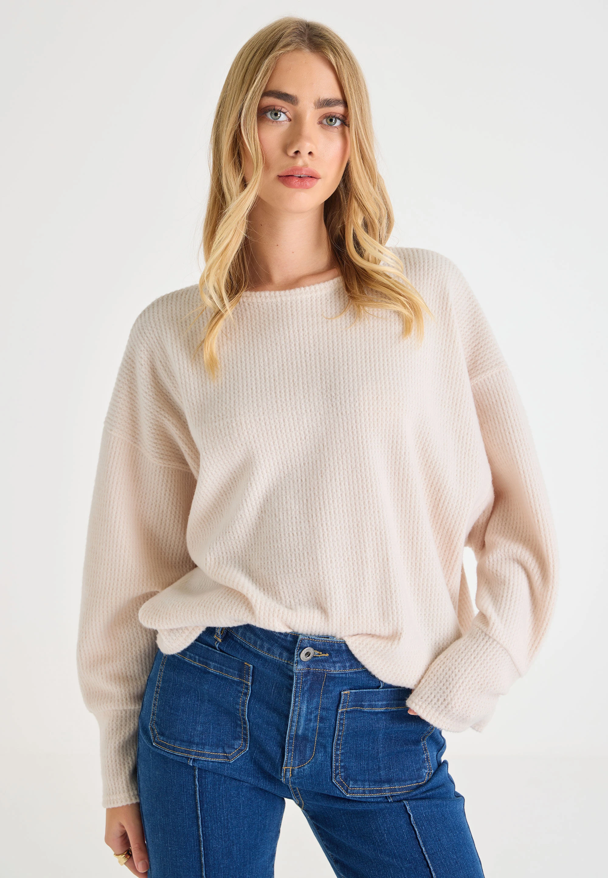 Womens Cream Cosy Ribbed Batwing Sleeve Top