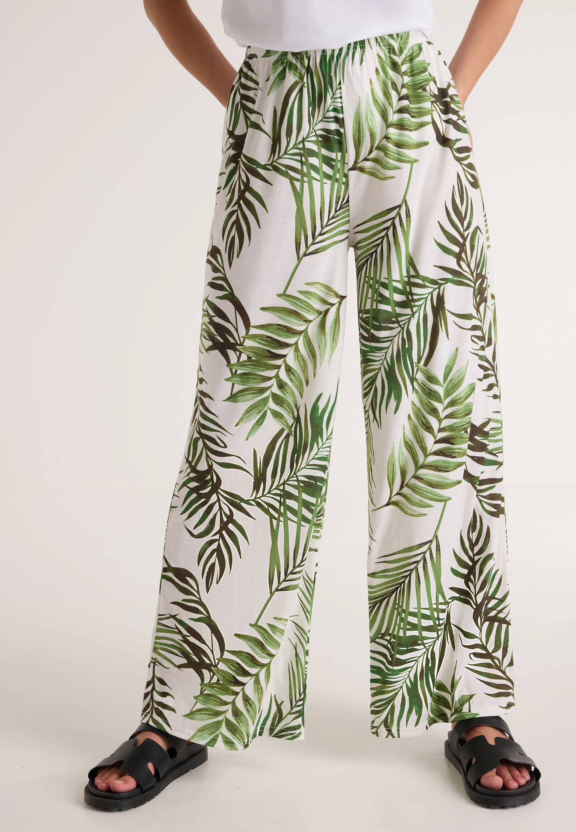 Womens Cream & Green Palm Print Wide Leg Trousers