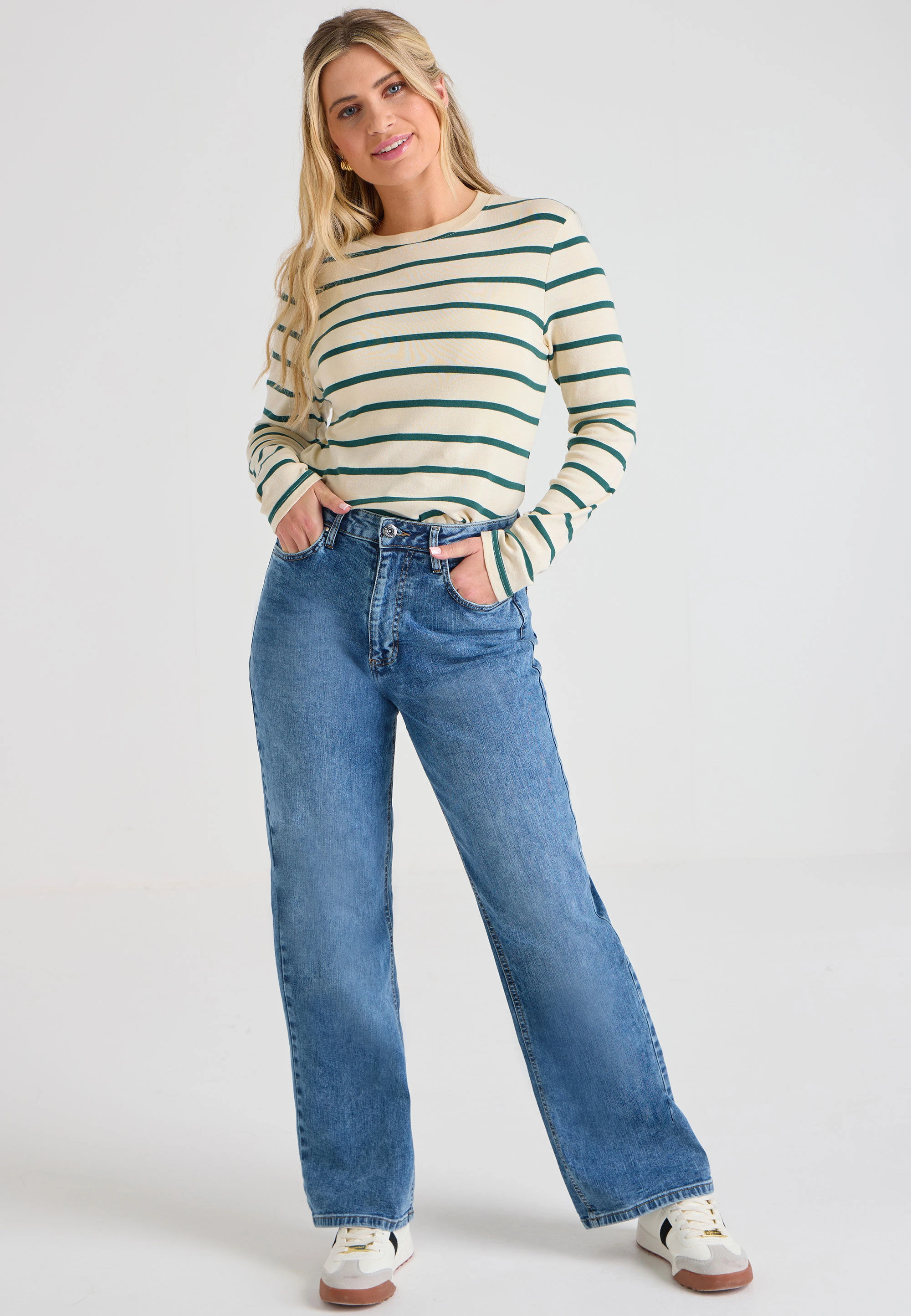 Womens Cream & Green Stripe Long Sleeve Top