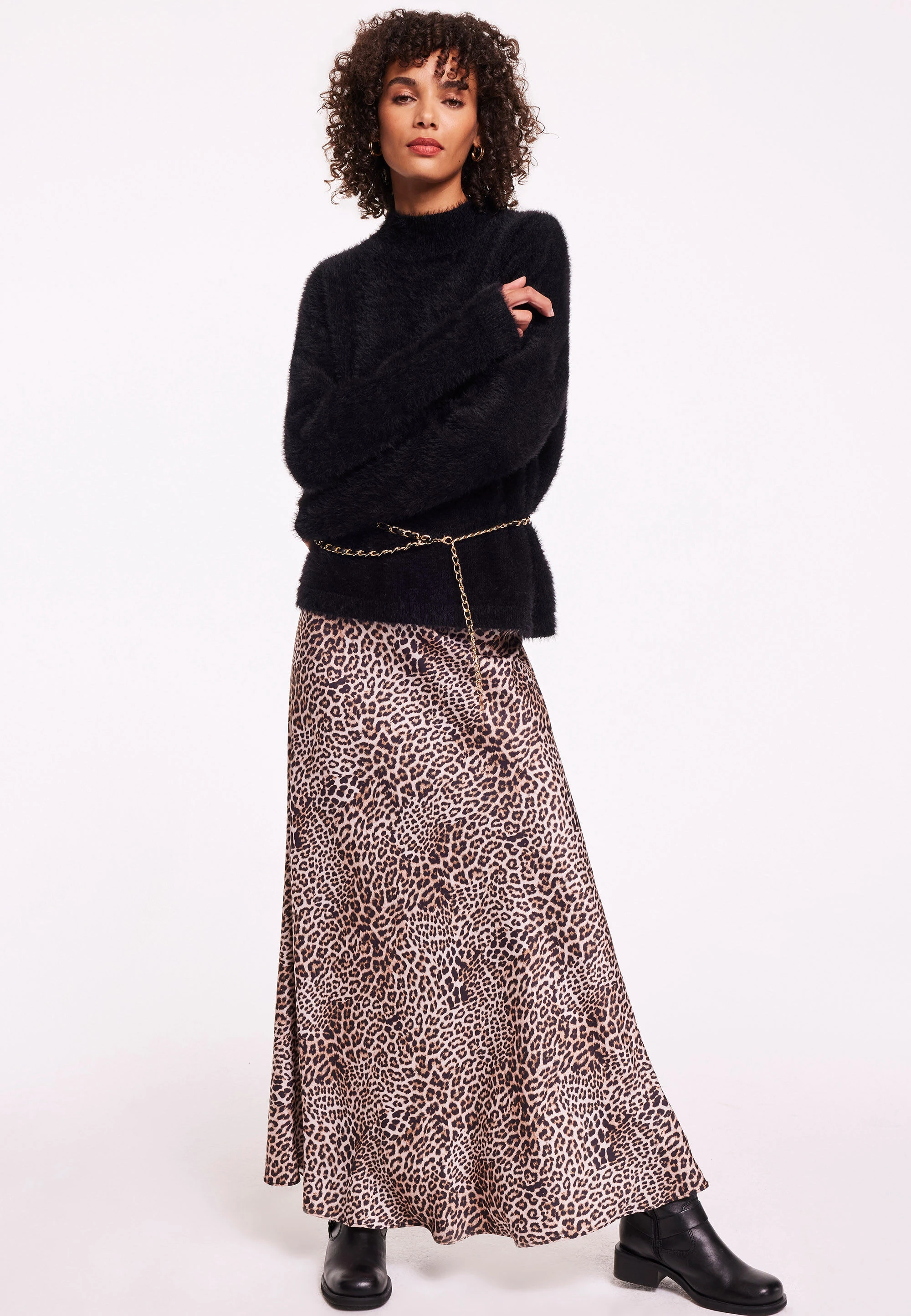 Womens Cream Leopard Midi Skirt