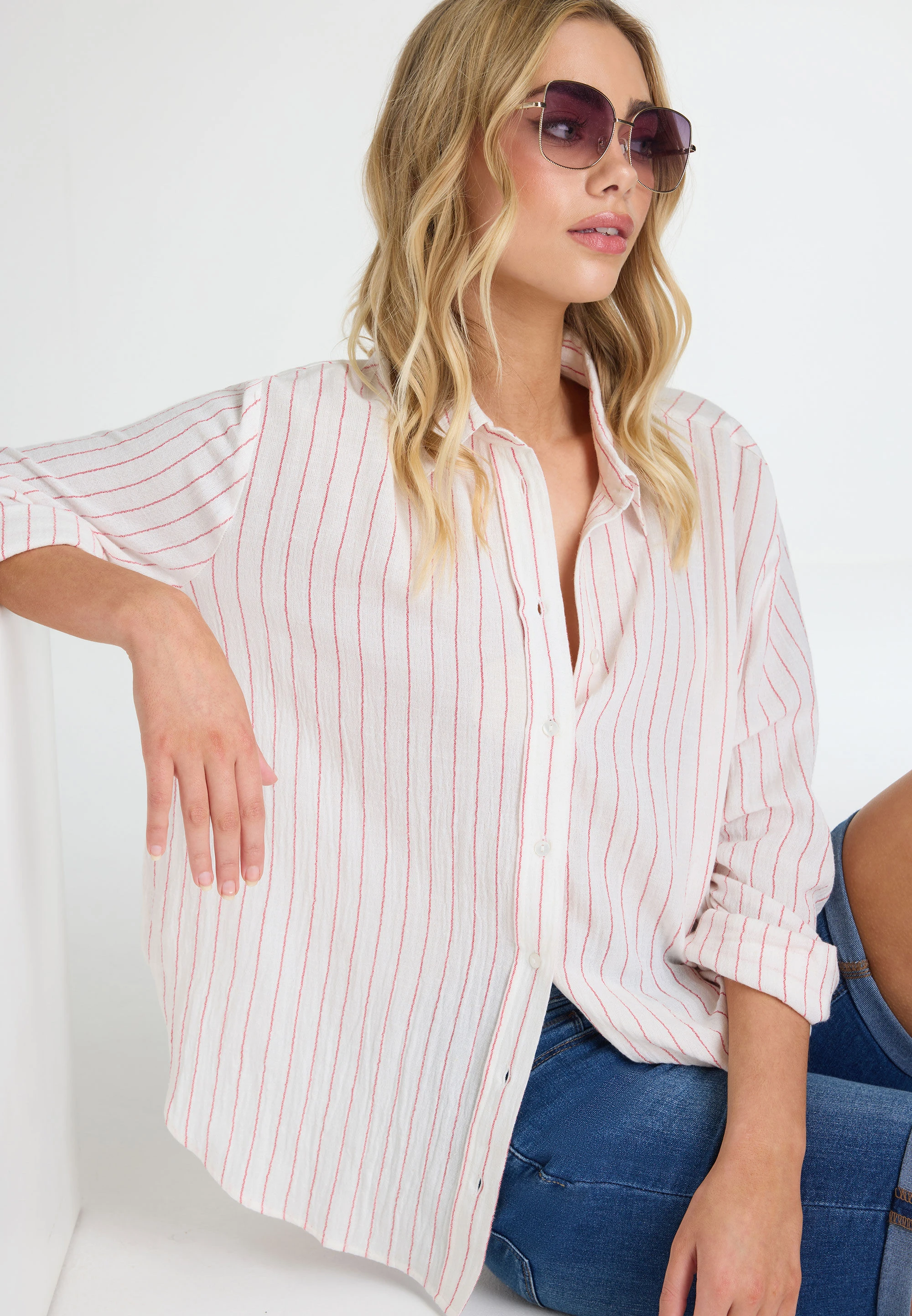 Womens Cream Linen Blend Pinstripe Shirt