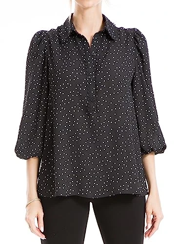 Women's Crepe Long Sleeve Blouse, Black/Ivory Medium Scattered Dots, M