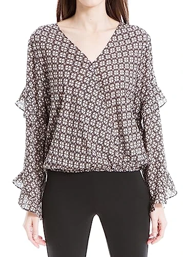 Women's Crepe Long Sleeve Faux Wrap Blouse, Black/Beige Four Leaf Clover, XS