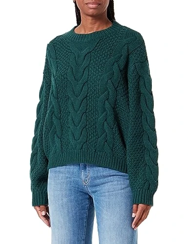 Women's Crew Neck Cable Knit Sweater, Dark Matcha, S