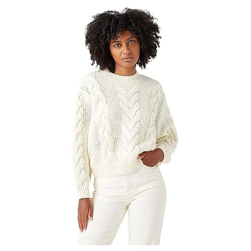 Women's Crew neck cable knit Sweater, Worn White, S