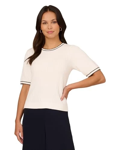 Women's Crew Neck Cable Scalloped Edge Tipped Short Sleeve Sweater, Ivory/Black, XL