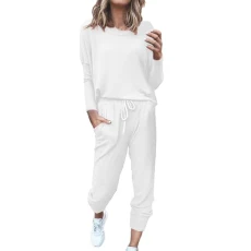 Women's Crew Neck Leisure Suit Breathable Long Sleeves Top Long Trousers Spring Summer Straight Leg Casual Women Jogging Bottoms with Drawstring Daily Outdoor Suits, White, XL