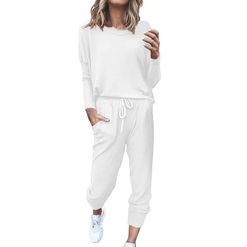 Women's Crew Neck Leisure Suit Breathable Long Sleeves Top Long Trousers Spring Summer Straight Leg Casual Women Jogging Bottoms with Drawstring Daily Outdoor Suits, White, XL