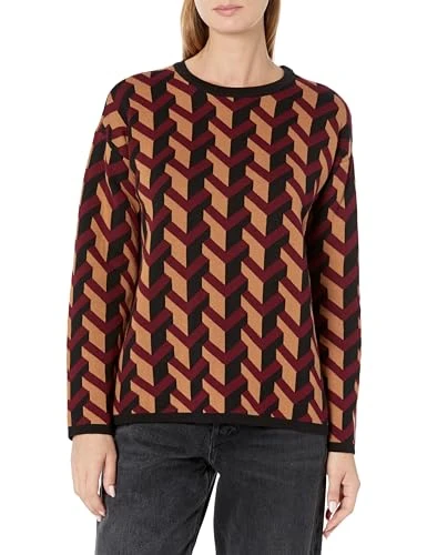 Women's Crew Neck Long Sleeve Jacquard Sweater, Chianti Combo, L