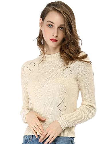 Women's Crew Neck Pointelle Hollow Sweater Slim Fit Cropped Knitted Top Beige 20