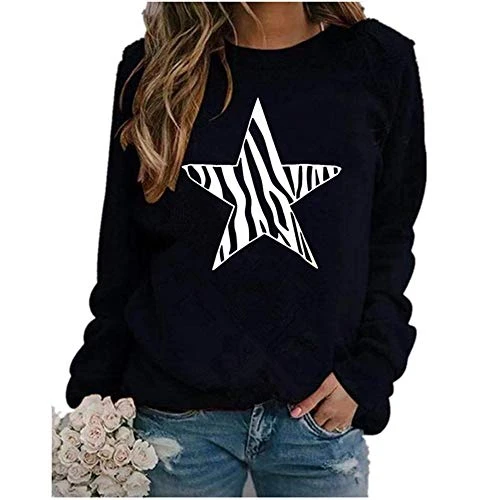 Women's Crew Neck Tops Long Sleeve Star Print Pullover Sweatshirt Casual Loose Graphic Shirts Tops Black