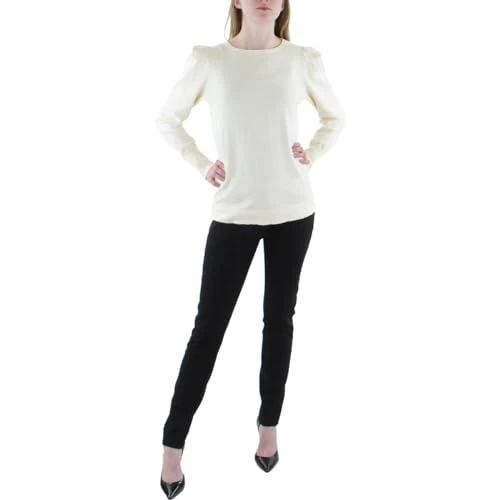 Women's Crew Neck with Puff Sleeves Sweater, Marshmallow, XS