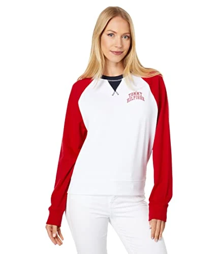 Women's Crewneck Sweatshirt, Bright White/Scarlet, Large