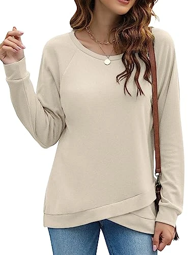 Womens Crewneck Sweatshirts Long Sleeve Tunic Tops Loose Fit Fall 2023 Long Shirts to Wear with Leggings, Beige, XXL