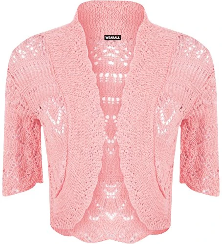 Womens Crochet Knitted Short Sleeve Ladies Bolero Cardigan Top Shrug - Pink - 16-18