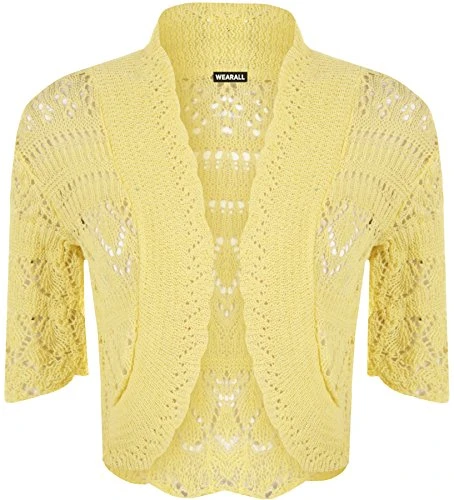 Womens Crochet Knitted Short Sleeve Ladies Bolero Cardigan Top Shrug - Yellow - 16-18