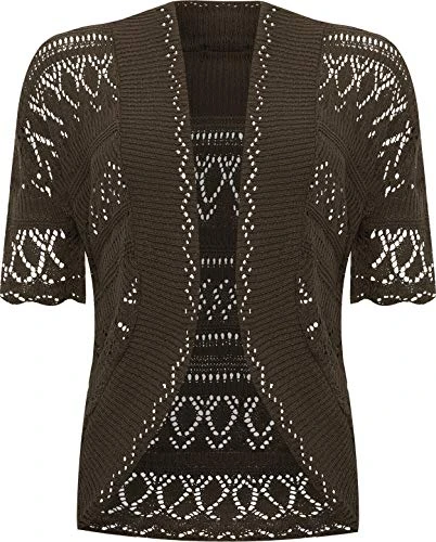 Womens Crochet Knitted Short Sleeve Ladies Shrug Cardigan Top 16-26 Dark Brown