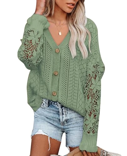 Women's Crochet Lace Long Sleeve Cardigan V Neck Hollow Out Cable Knit Sweater Tops 2024