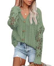 Women's Crochet Lace Long Sleeve Cardigan V Neck Hollow Out Cable Knit Sweater Tops 2024