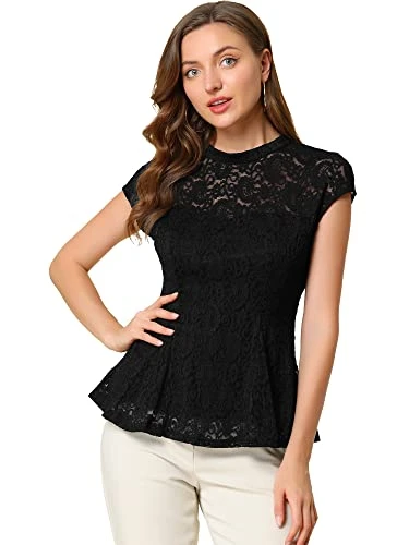 Women's Crochet Peplum Floral Crochet Mock Neck Tops Cap Sleeve Red Lace Blouse Black L-16