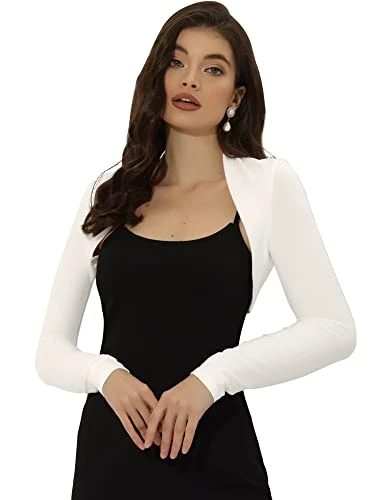 Women's Crop Bolero Cotton Elegant Solid Color Long Sleeve Shrug White L