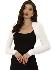 Women's Crop Bolero Cotton Elegant Solid Color Long Sleeve Shrug White S