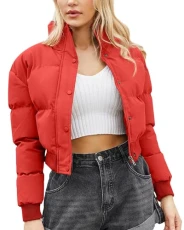 Women's Crop Short Jacket Windproof Padded Down Short Coat Full Zip Pockets Warm Winter Cropped Puffer Jacket 01 Red XL