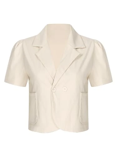Womens Cropped Blazer Lapel Suits Open Front Jackets One Button Short Sleeves Outerwear Cardigan Beige S