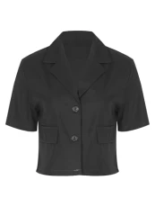 Womens Cropped Blazer Open Front Lapel Suit Jacket Short Sleeve Blazers Casual Outerwear with Patch Pockets Black M