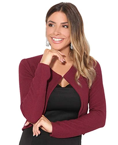 Womens Cropped Cardigan Dressy Open Jacket Crop Blazer Elegant Shrug Long Sleeve 2900-WIN-6/8 Wine