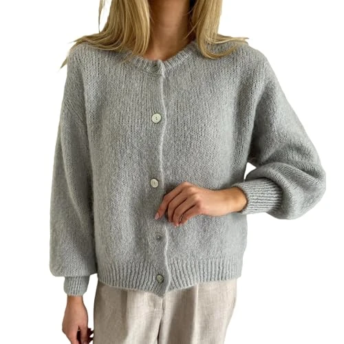 Women's Cropped Cardigan Long Sleeve Sweater Jumper Ladies Knitted Jacket Y2K Fashion Button Down Crochet Top Streetwear Autumn Spring (Light Grey, L)